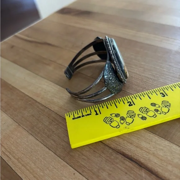 Vintage Sterling Silver Picture Jasper Large Stone Landscape Rope Cuff Bracelet - Picture 5 of 8